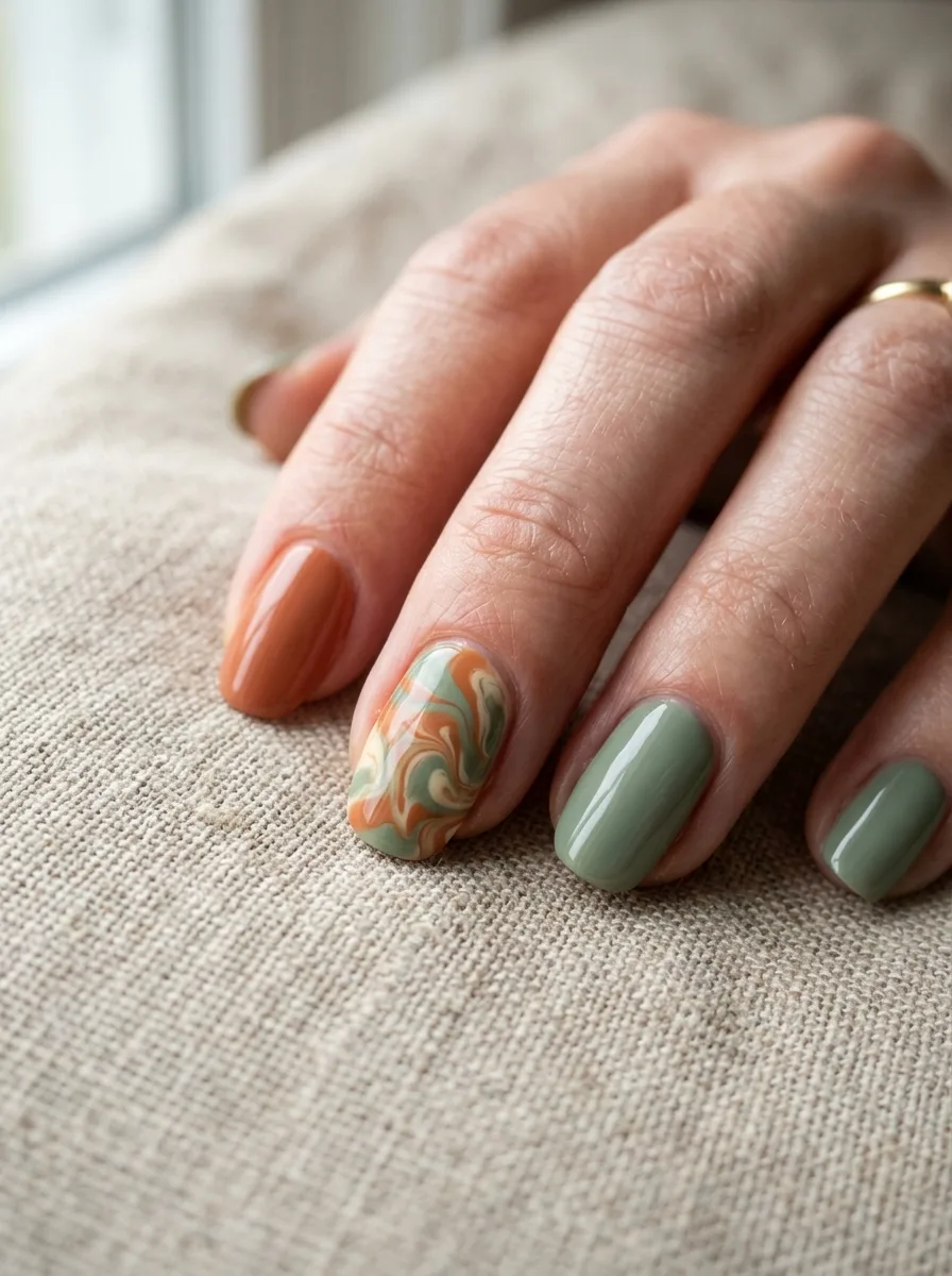 Macro close-up of an abstract sage, terracotta, and ivory marbled swirl nail design.