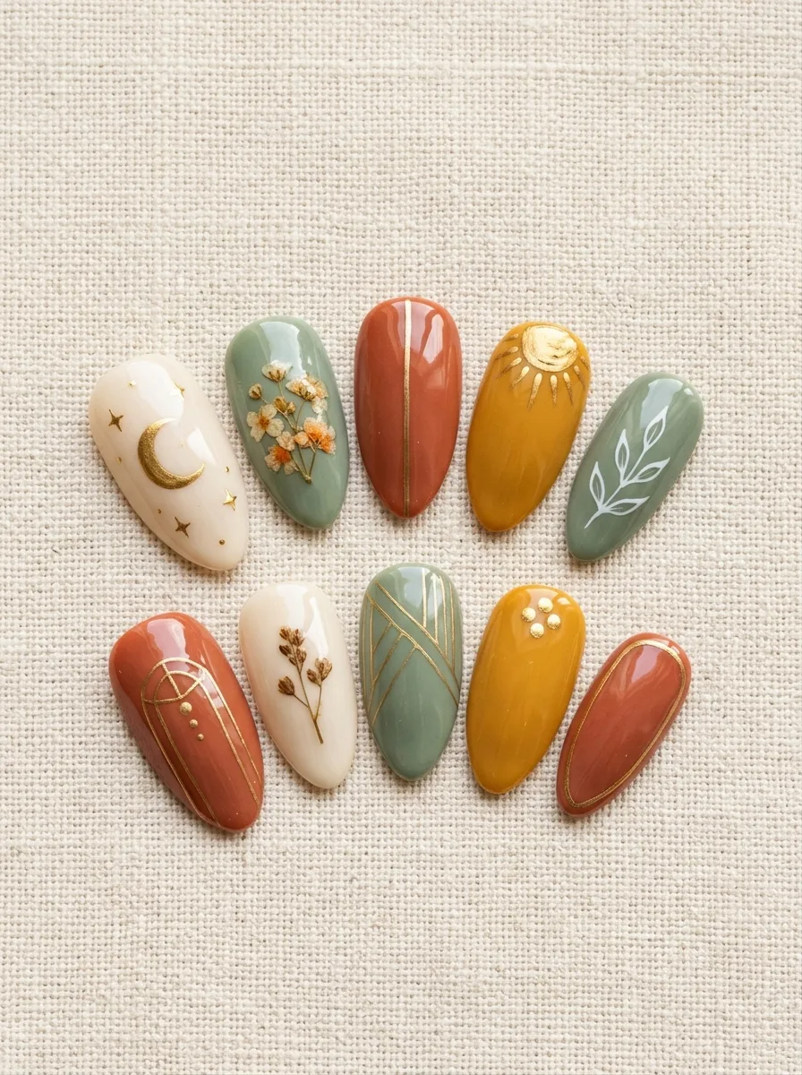 Flat-lay of ten boho nail art designs in terracotta, mustard, sage, and cream with sun, moon, and floral motifs.