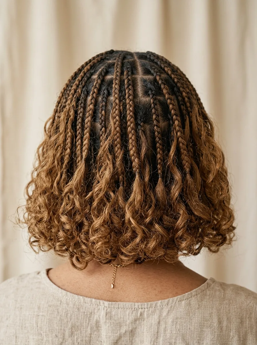 Close-up of triangle-parted short boho braids with curly caramel ends grazing the collarbone.