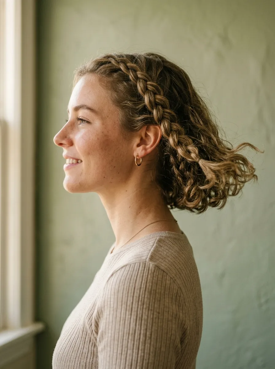 Side profile of a jaw-to-shoulder length boho braid bob with curly ends swinging in motion.