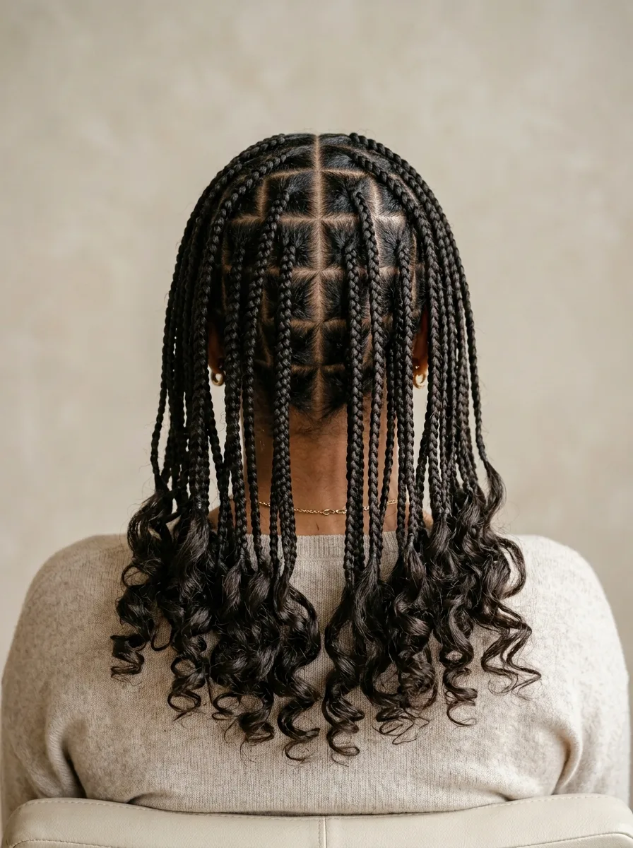 Back view of a center-parted short boho braid pattern ending just past the shoulder blades.