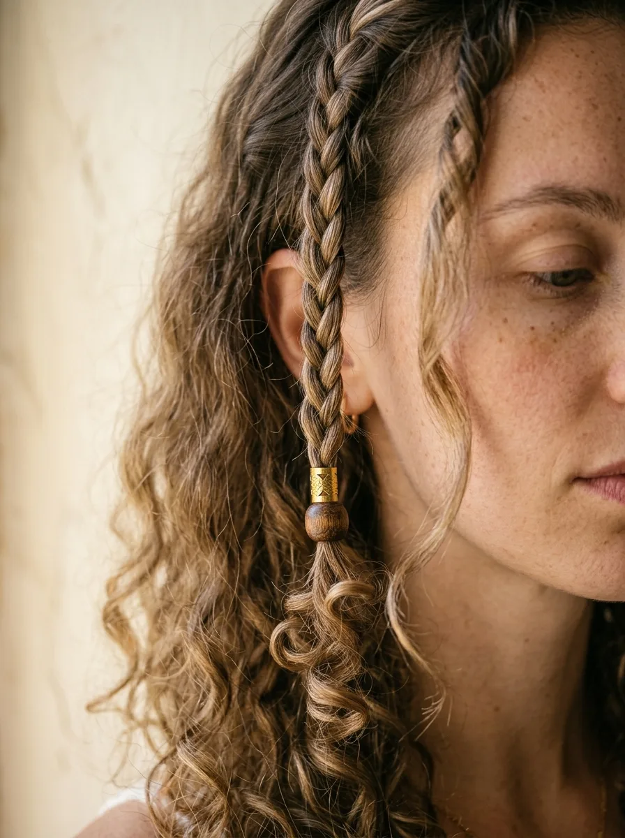 Detail of a gold cuff and wood bead on a short, curly-tipped face-framing boho braid.