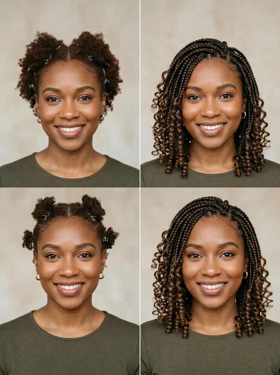 Before-and-after of short natural hair sectioned for braiding next to a finished boho braid bob.