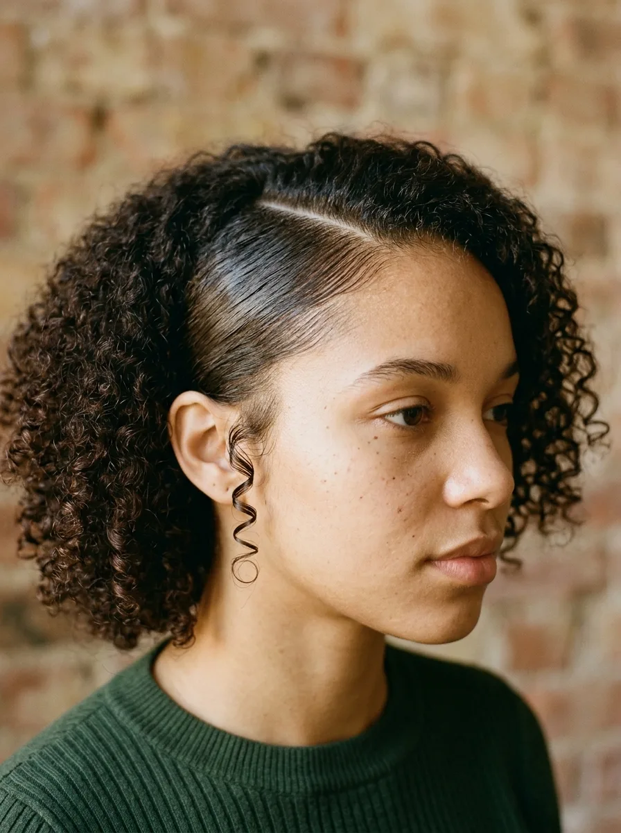 Close-up of a deep side part and smooth edges styled to soften a rounder face shape.