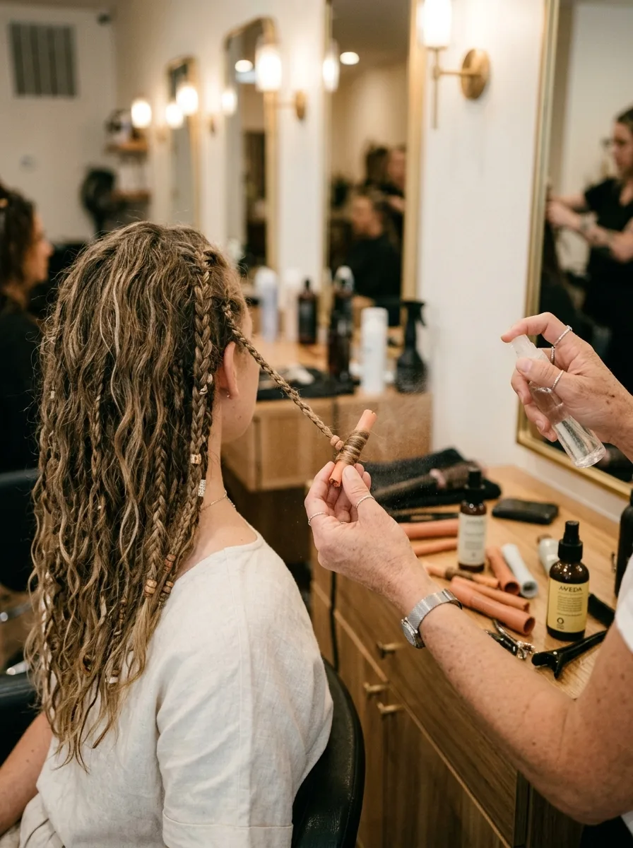 Stylist's hands curling the tips of a short boho braid with a perm rod.