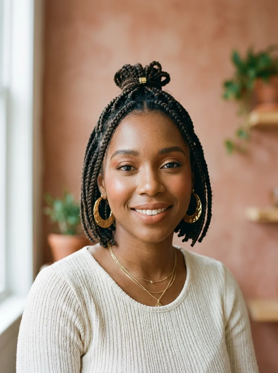 Finished short boho braid bob styled half-up with statement gold hoop earrings visible.