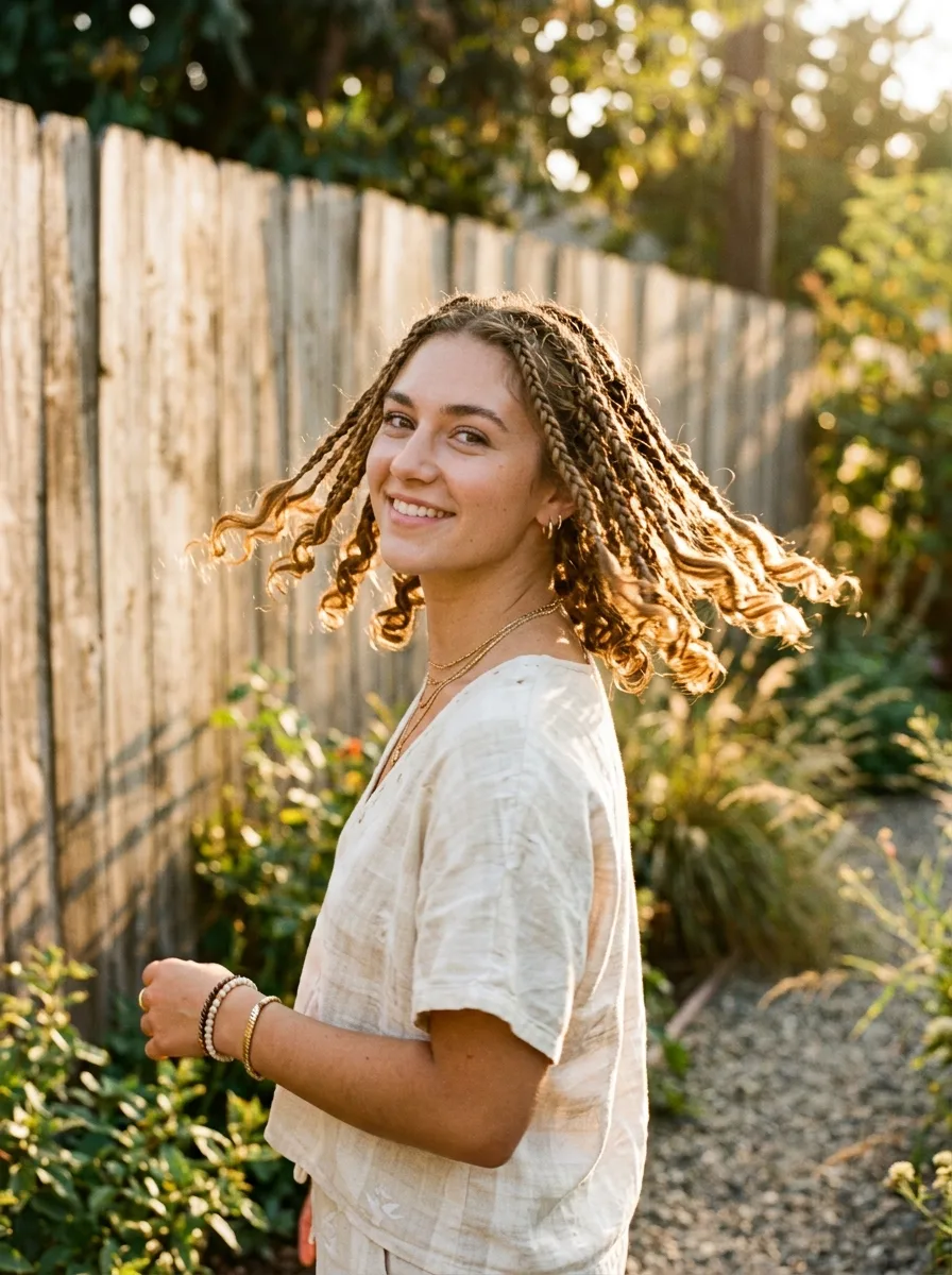 Outdoor golden-hour shot of a short boho braid bob catching warm backlight on the curly ends.