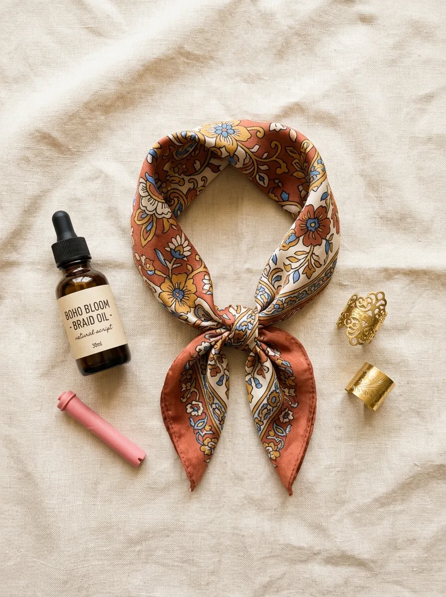 Flat-lay of short boho braid essentials including a silk headscarf, oil, and gold cuffs.