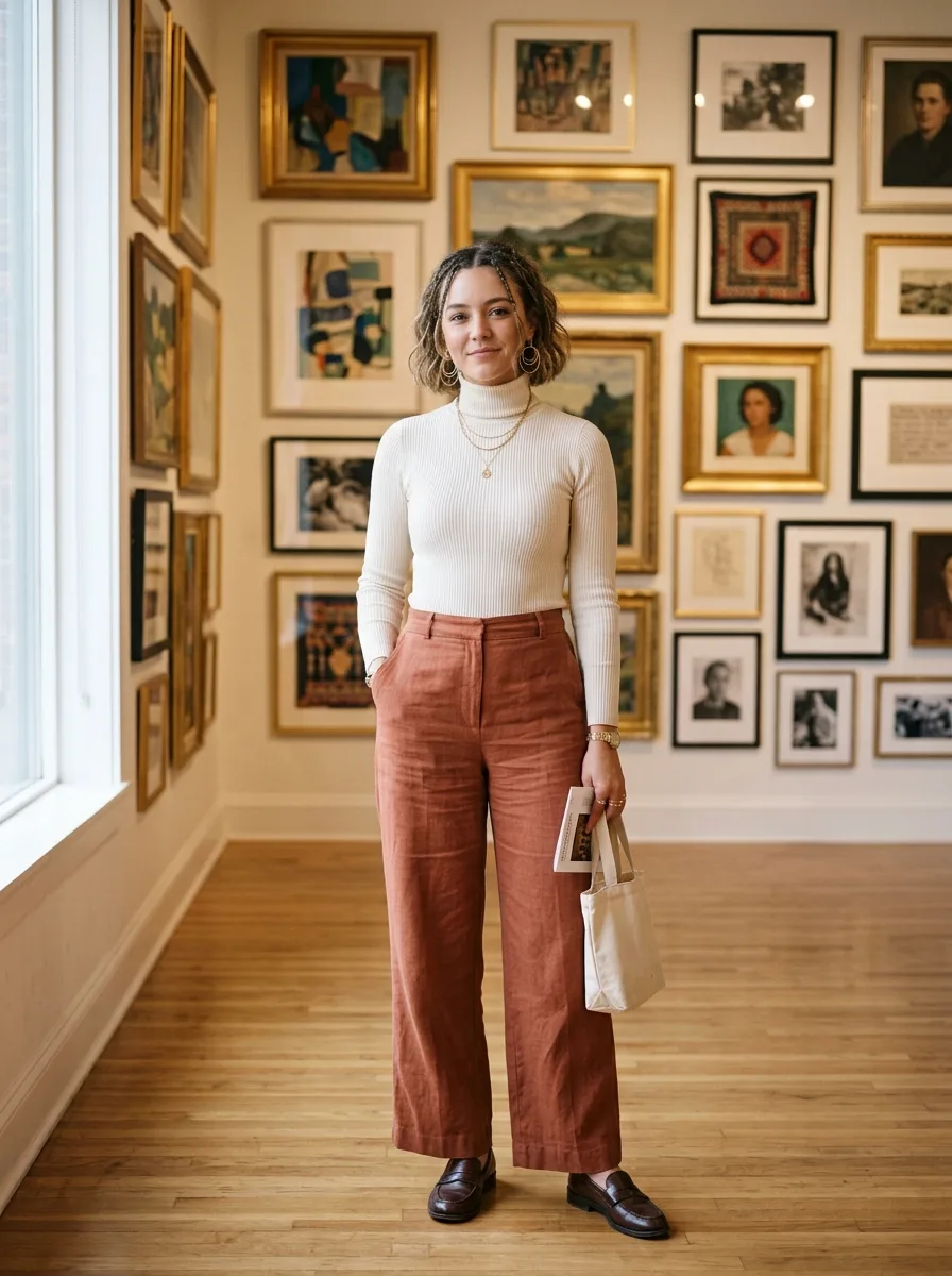 Full-length look pairing a short boho braid bob with a turtleneck, wide-leg trousers, and gold hoops.