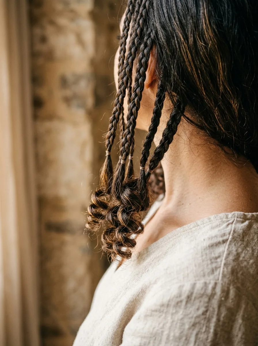 Close-up of short boho braid ends blooming into tight spiral curls just past the shoulder.
