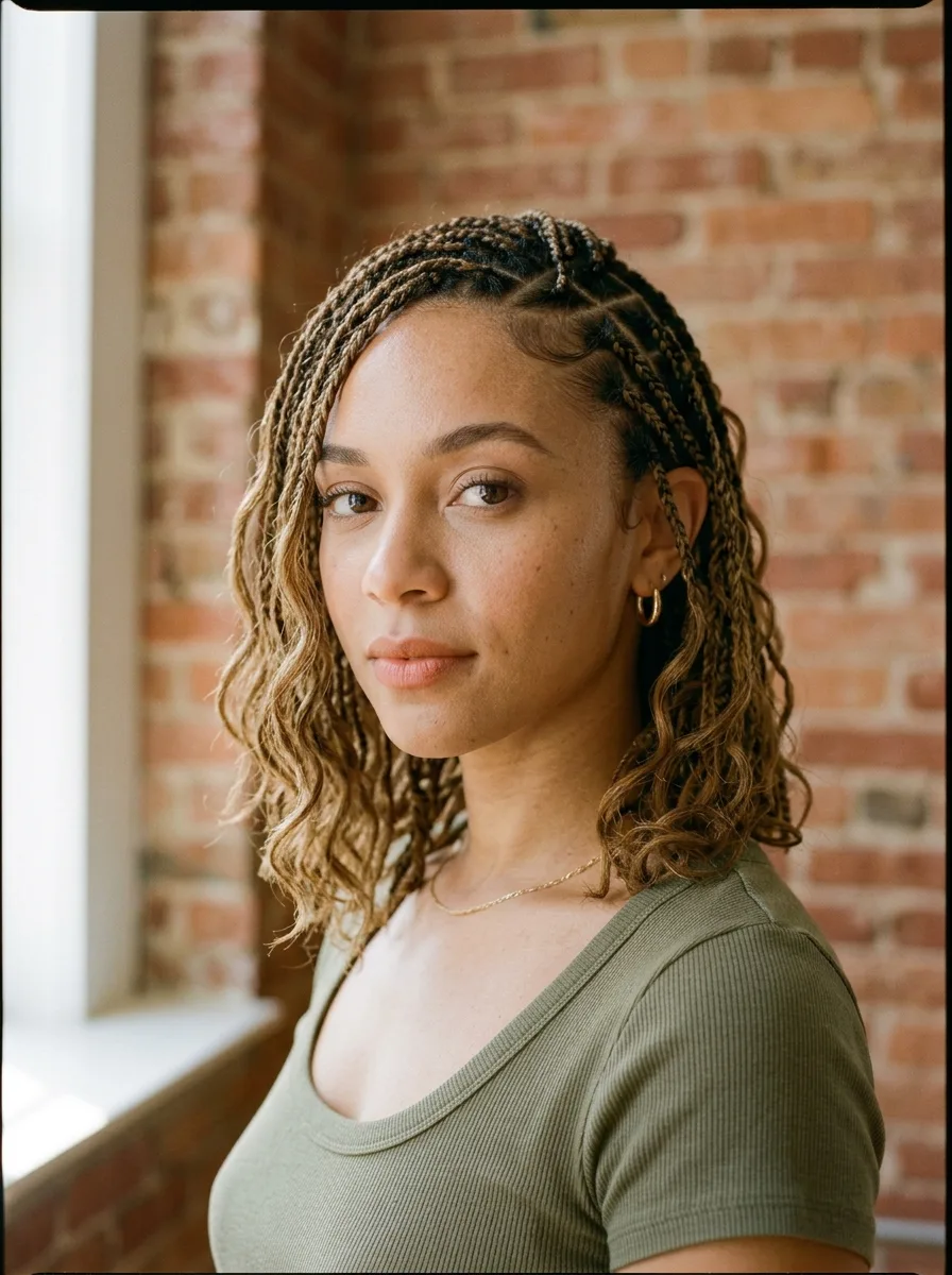 Close beauty portrait of a shoulder-length boho braid bob with a deep side part and curly face-framing pieces.