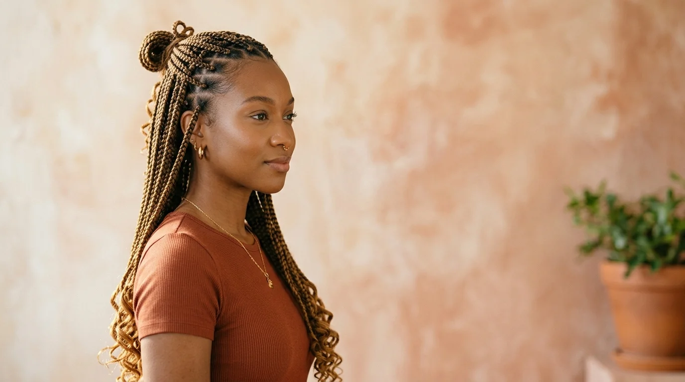 A close profile portrait of a woman with honey-caramel knotless braids and a curl-melt, delicate gold jewelry, against a warm textured plaster wall.