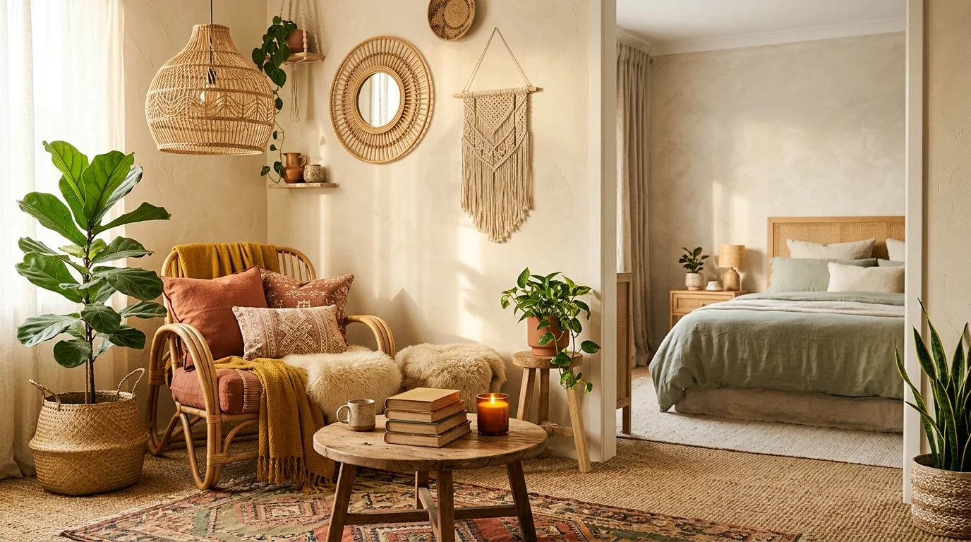 A cozy boho living room corner with a rattan pendant light, a round rattan mirror, a macrame wall hanging, and a glimpse of a sage-toned bedroom beyond.