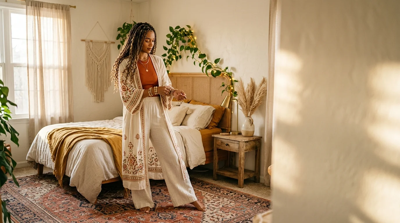 A woman with boho knotless braids, wearing an embroidered kimono and layered gold jewelry, in a sunlit boho bedroom with a rattan headboard and fairy-lit trailing plant.