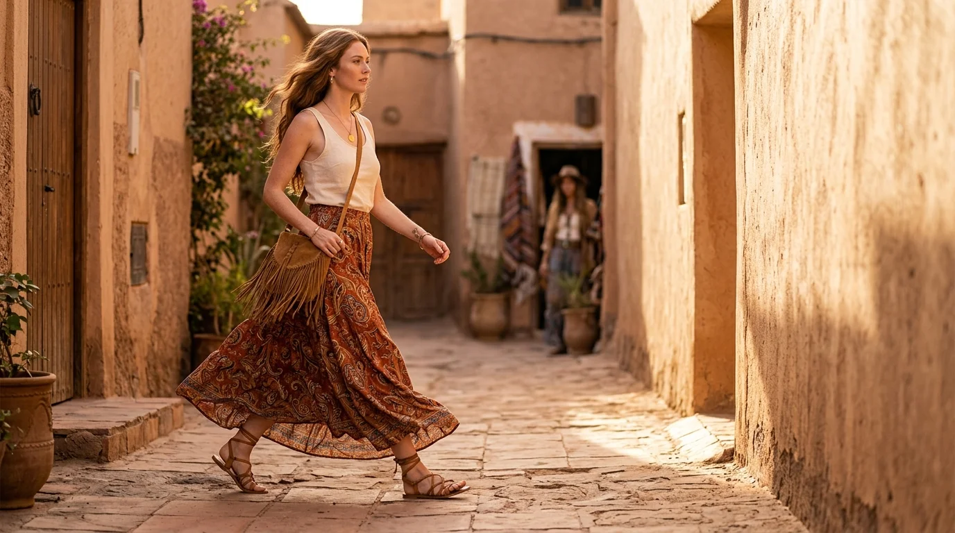 A woman mid-stride down a sunlit adobe alley, wearing a paisley maxi skirt, a suede fringe bag, and layered gold jewelry.