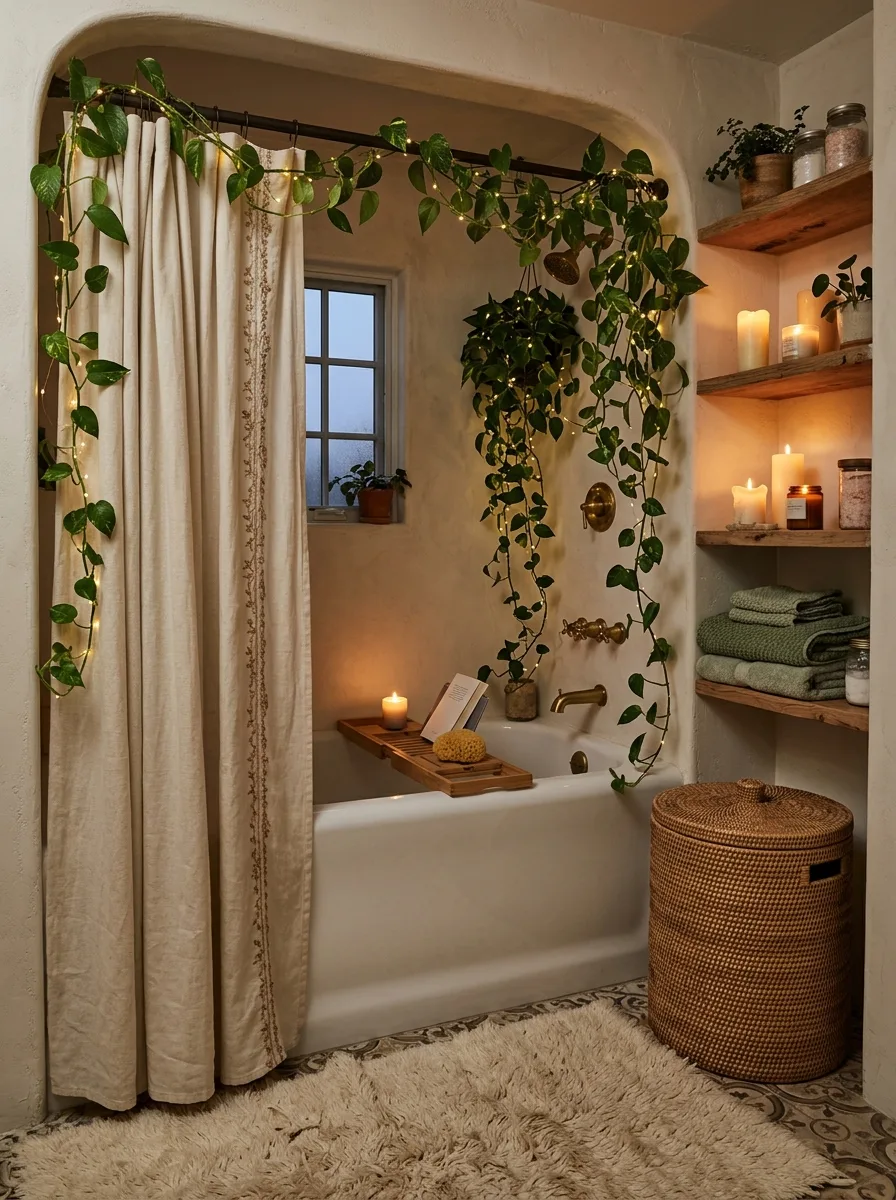 Wide view of a boho bathroom with a clawfoot-style tub, a linen shower curtain, trailing plants, and warm candlelight.