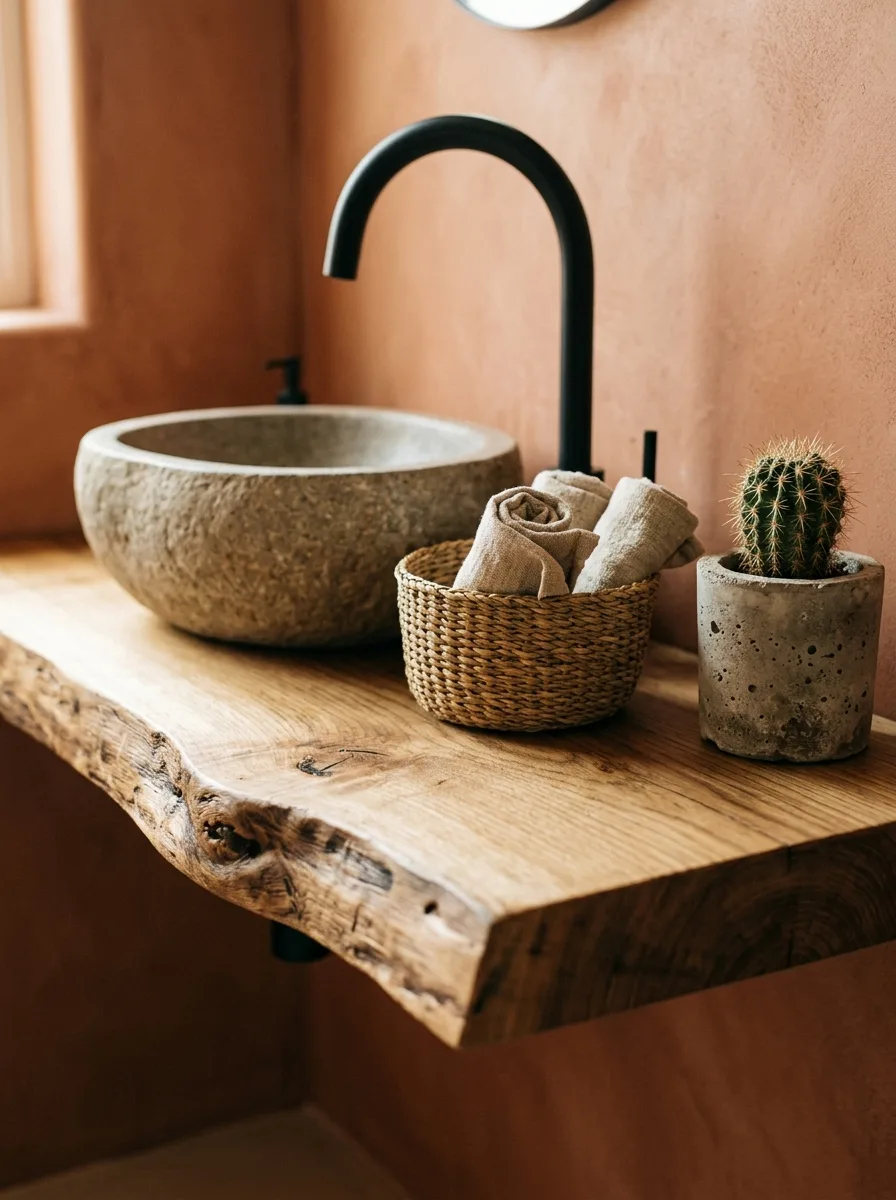 Close-up of a live-edge wood vanity shelf with a stone vessel sink, a woven basket, and a small potted cactus.
