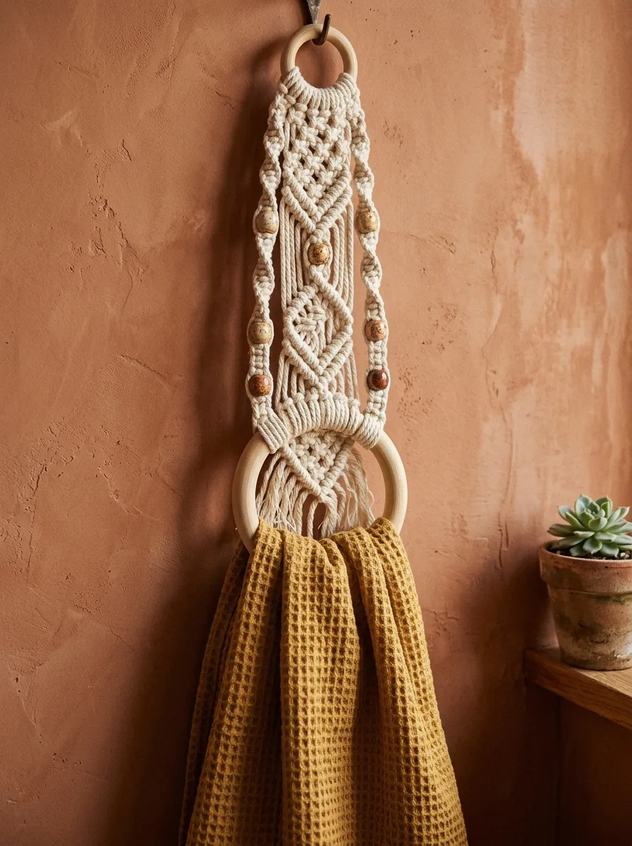 Macrame-beaded towel hooks holding a mustard waffle towel against a terracotta bathroom wall.