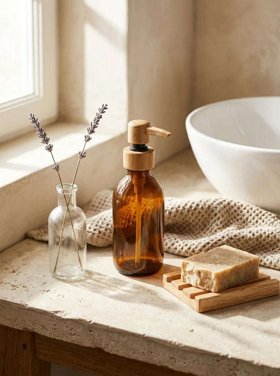 Bathroom counter vignette with a glass bottle of dried lavender, a ceramic soap dispenser, and a small wooden dish.