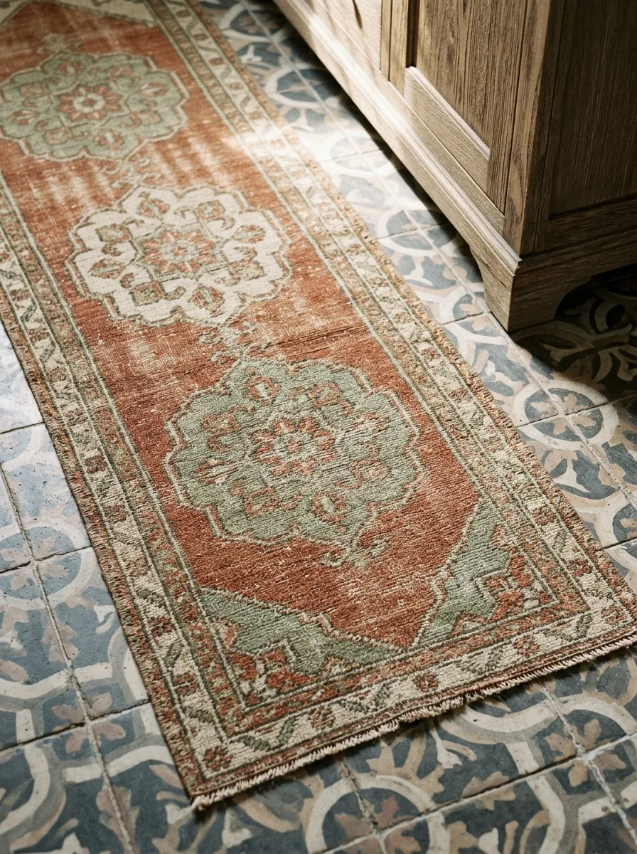 Close-up of a vintage medallion-pattern runner rug on patterned tile bathroom flooring.