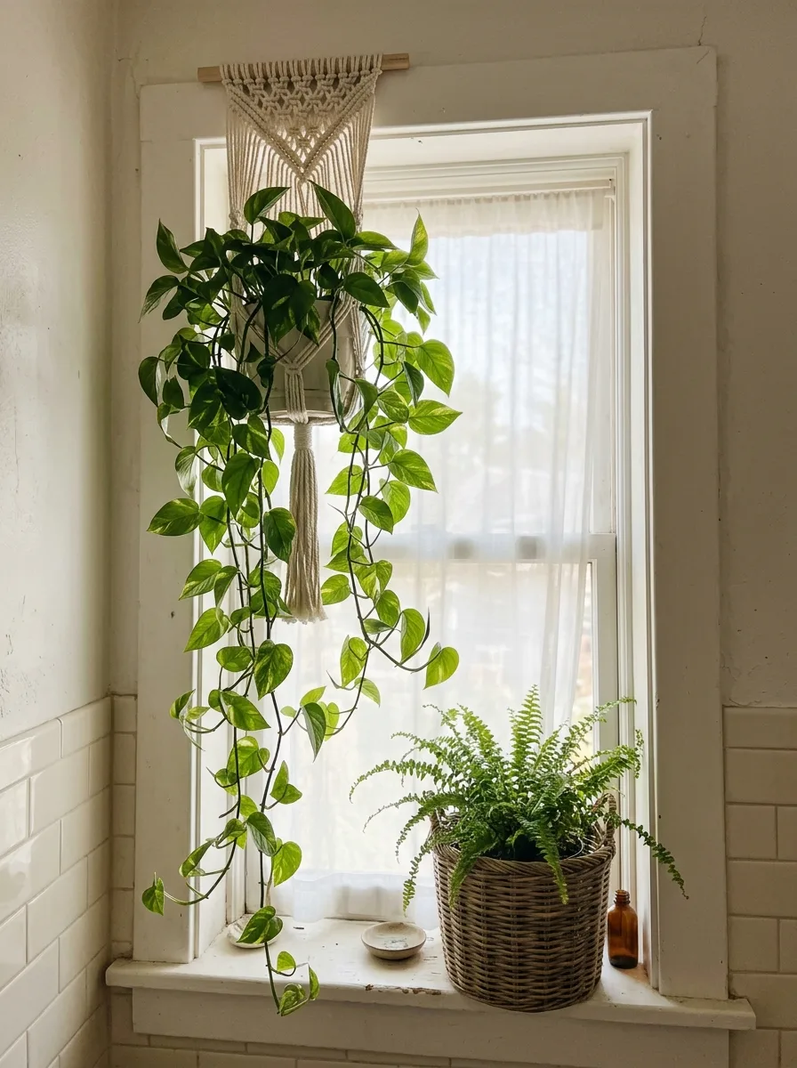 A trailing pothos draped from a macrame hanger above a bathroom window, with a small potted fern on the sill.