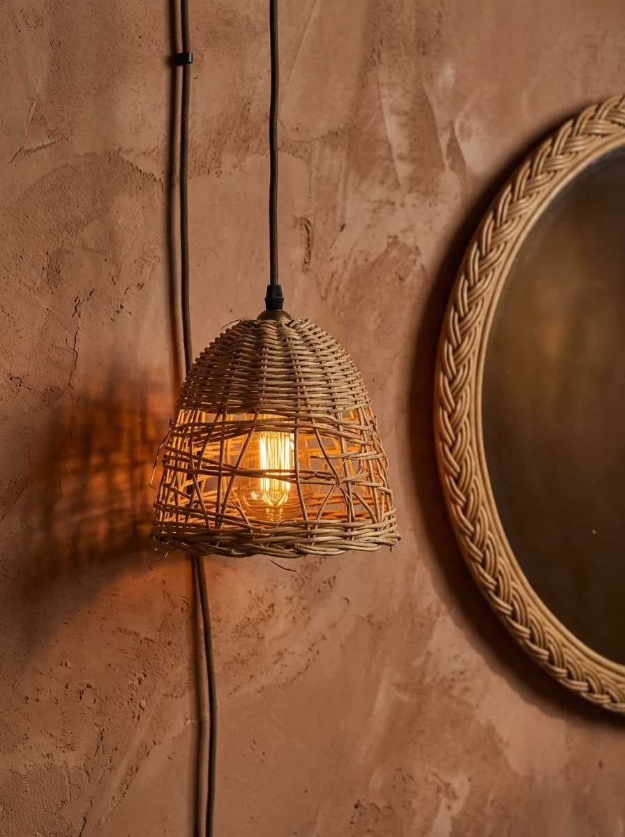 A small woven rattan pendant light glowing beside a round mirror, casting dappled shadows on a terracotta wall.