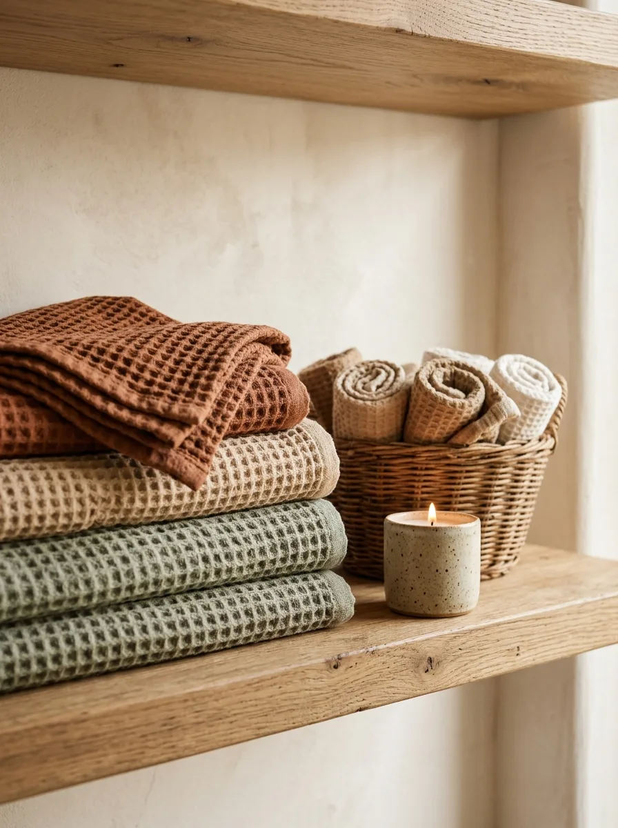 A stack of folded waffle-weave towels in rust and sand tones on an open wood shelf beside a woven basket.