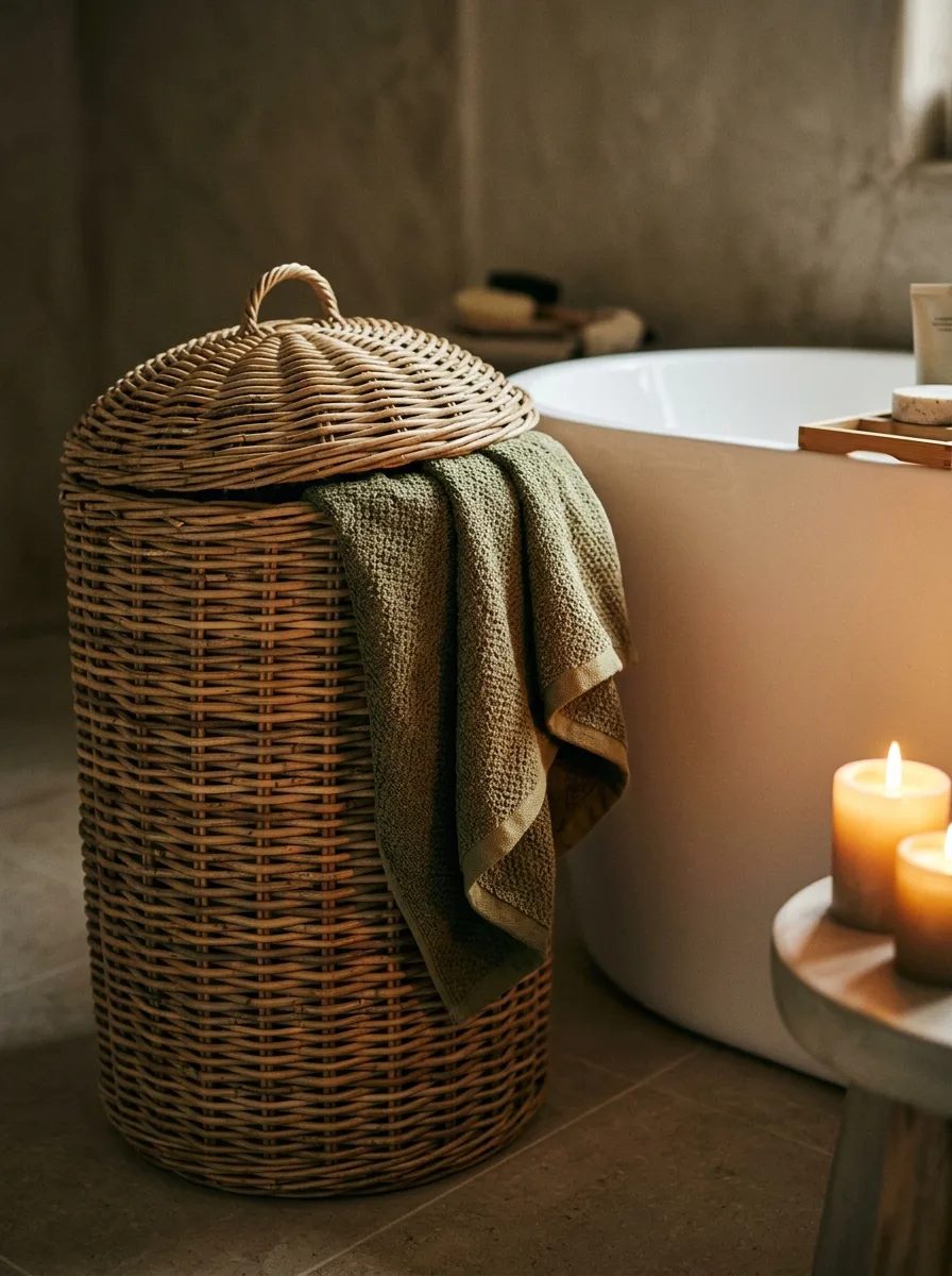 A woven rattan hamper with a lid beside a tub, topped with a folded green towel.