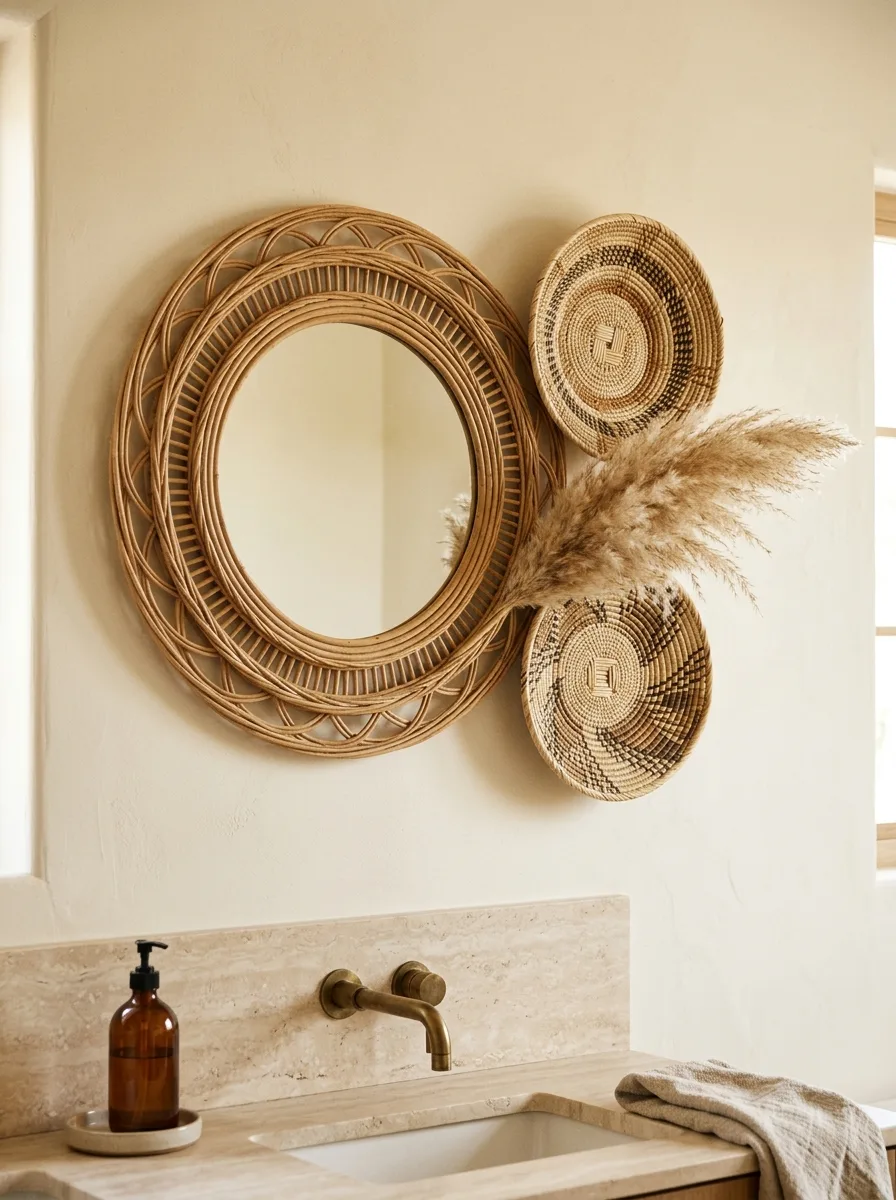 A round rattan mirror surrounded by small woven wall discs and dried florals above a bathroom vanity.