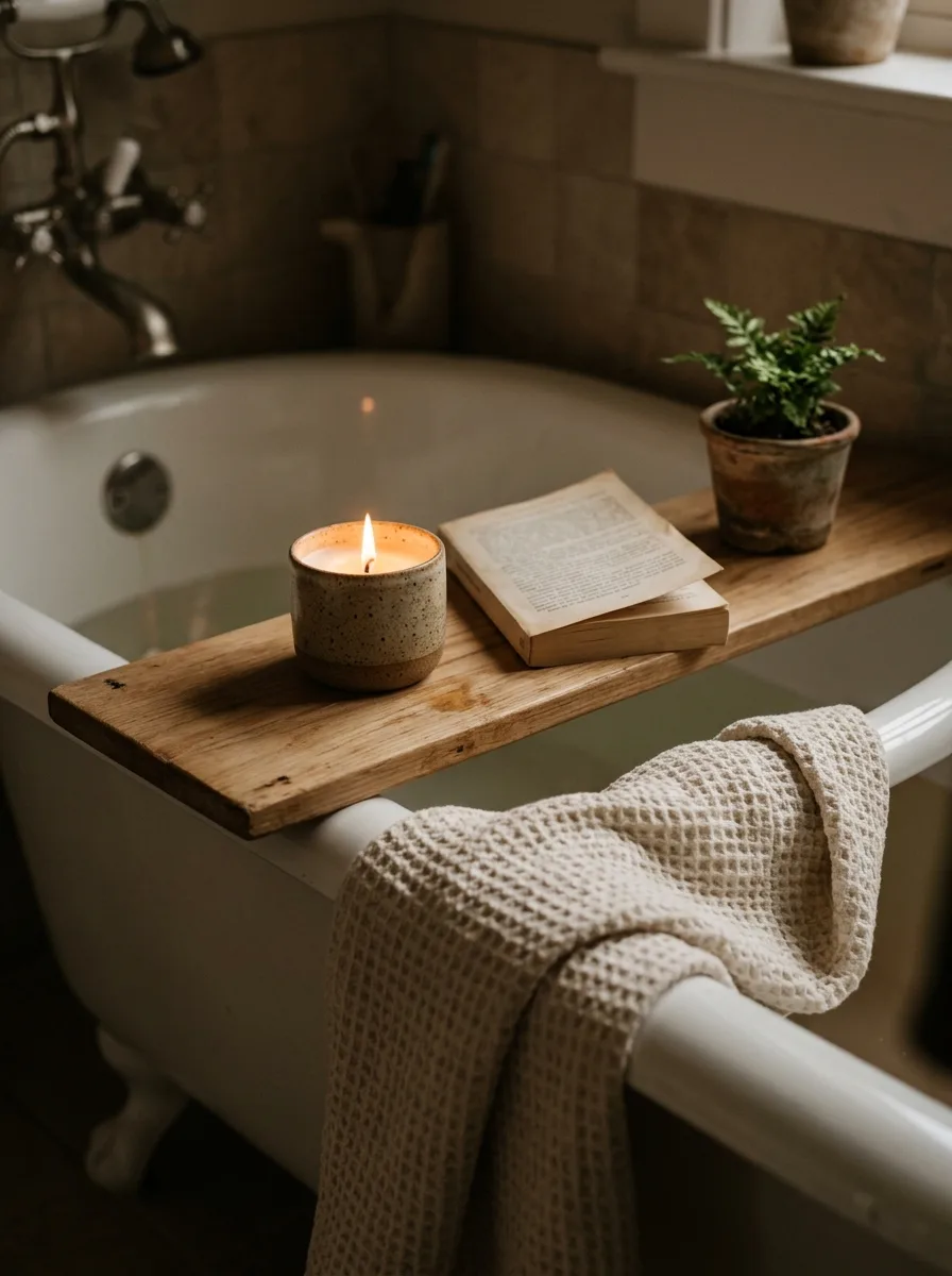 A wood bath caddy across a tub holding a candle, a book, and a small potted plant.