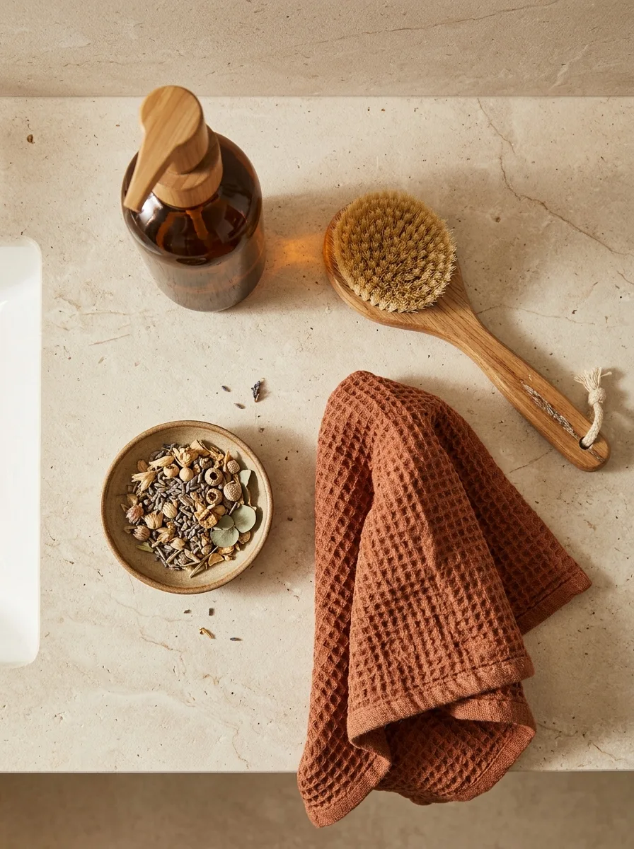 Overhead flat-lay of bathroom counter items: an amber glass soap dispenser, a wood-handled brush, and dried florals.