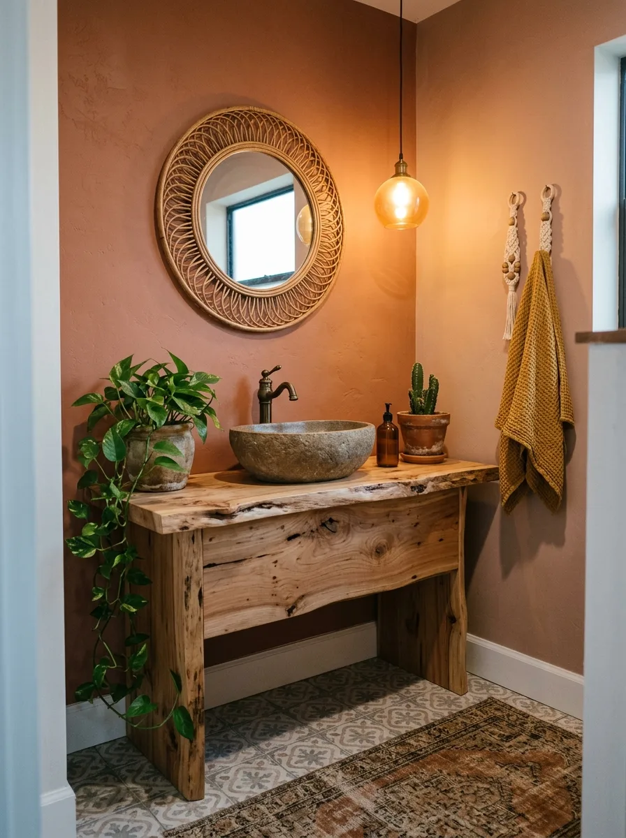 Boho bathroom with a round rattan-framed mirror above a wood vanity, a terracotta accent wall, trailing plants, and a vintage-pattern rug.