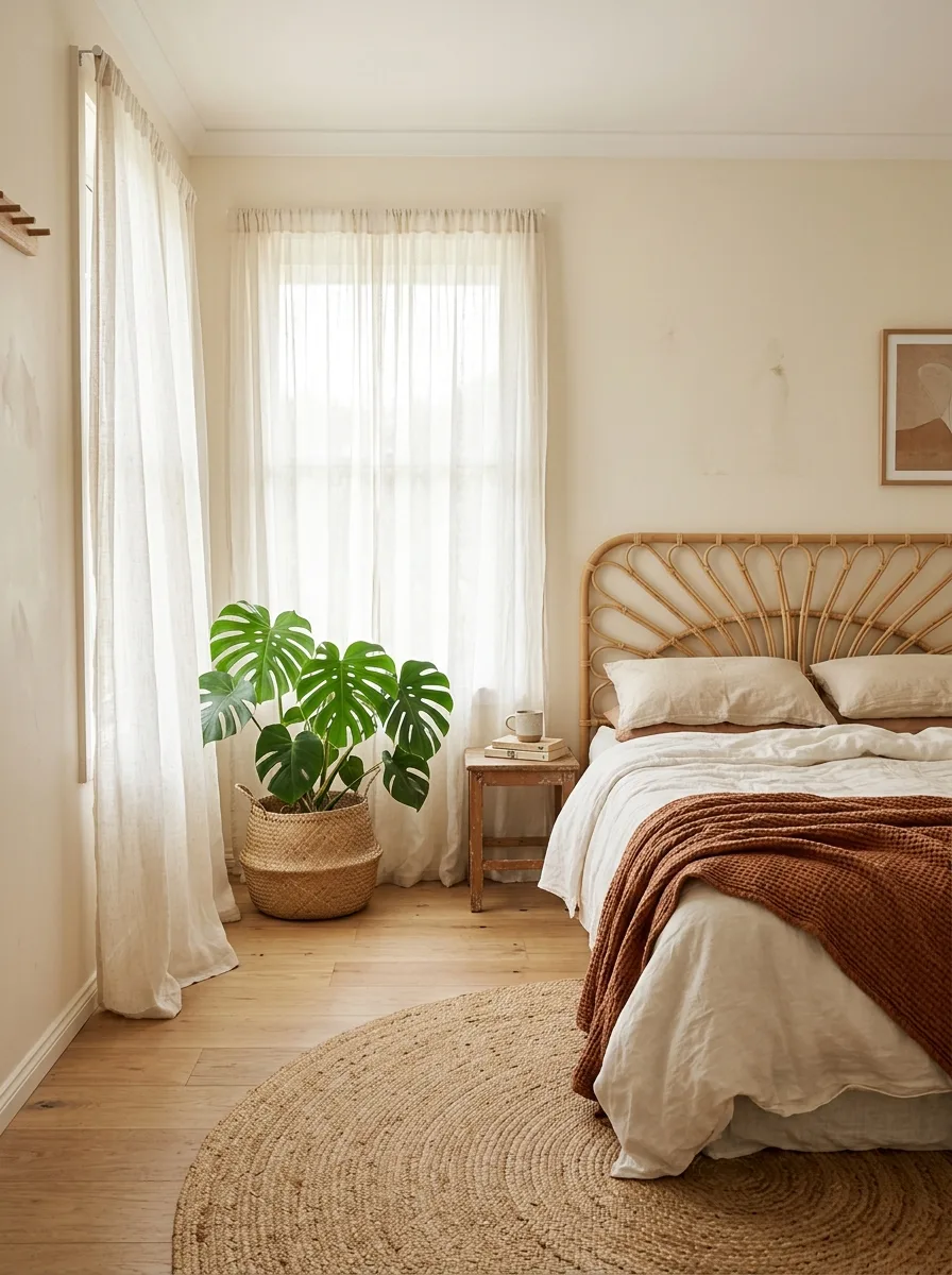 Sunlit boho bedroom with a rattan cane headboard, warm white linen bedding, a round jute rug, and a monstera in a woven basket beside sheer curtains.