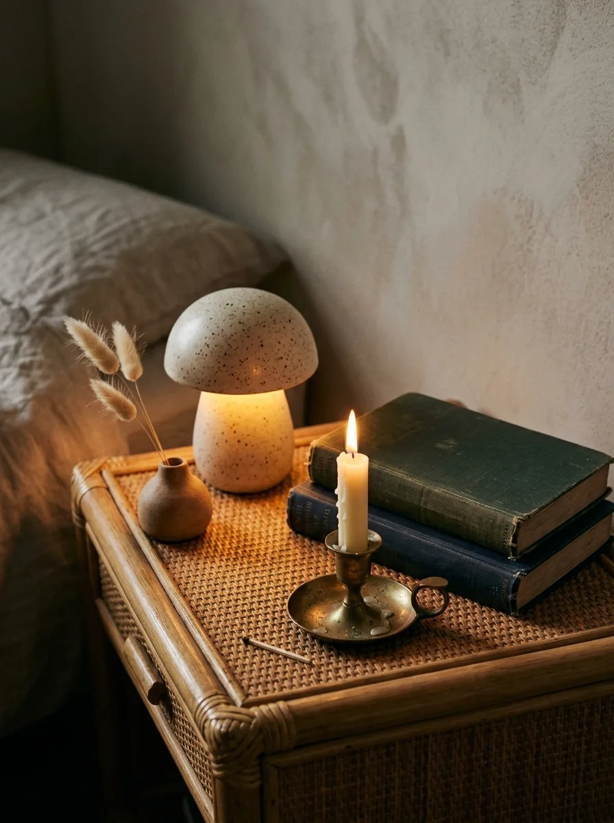 Close-up of a boho nightstand vignette with a glowing ceramic mushroom lamp, dried pampas grass in a bud vase, and a lit brass candle holder.