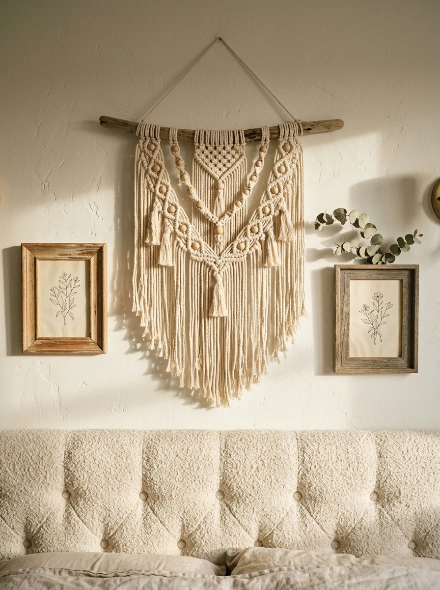 Large macrame wall hanging centered above a tufted cream headboard, flanked by two small botanical prints in mismatched wood frames.