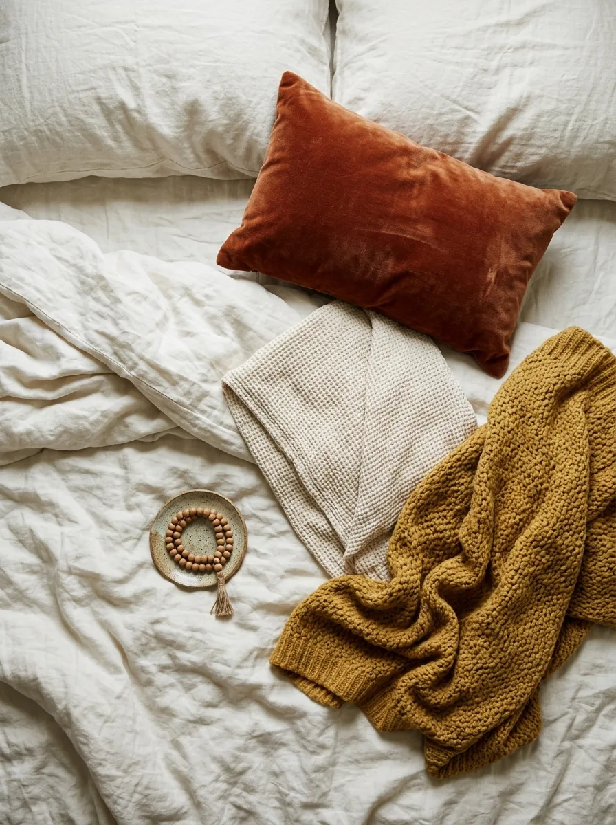 Overhead flat-lay of boho bedding textures — a rust velvet cushion, cream waffle throw, mustard knit throw, and a small dish of wooden beads.