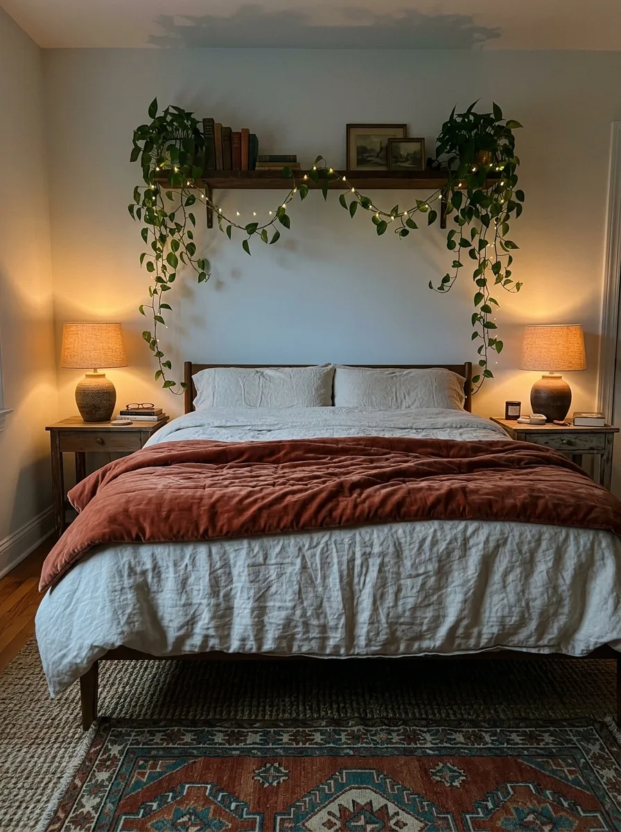Foot-of-bed view of a boho bedroom at dusk with a terracotta velvet quilt, a layered vintage kilim rug, and fairy lights strung through a trailing pothos on a floating shelf.