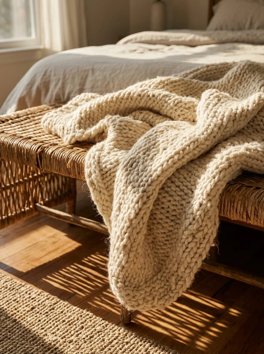 Close-up of a hand-knit cream throw draped over a rattan bench at the foot of the bed, lit by raking morning sun.