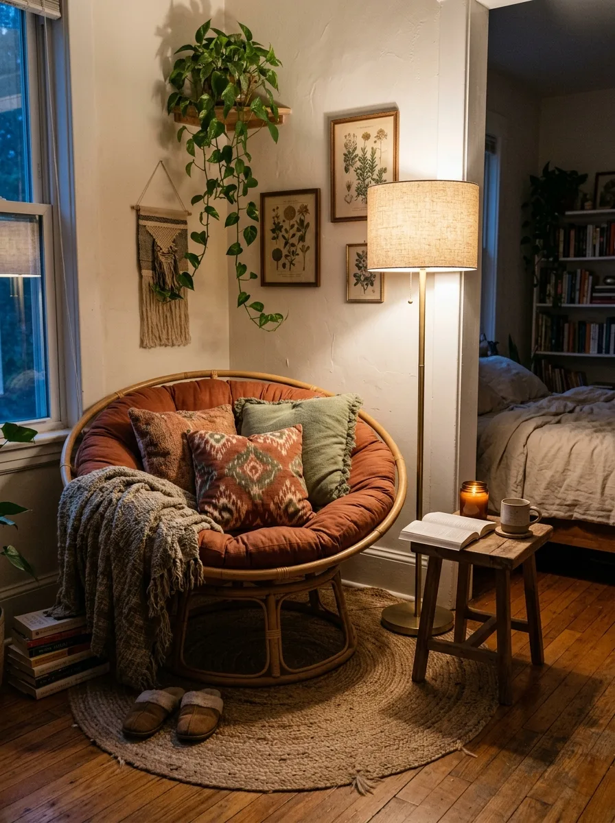 Boho reading nook with a rattan papasan chair, layered floor cushions in rust and sage, and a warm linen-shade floor lamp.