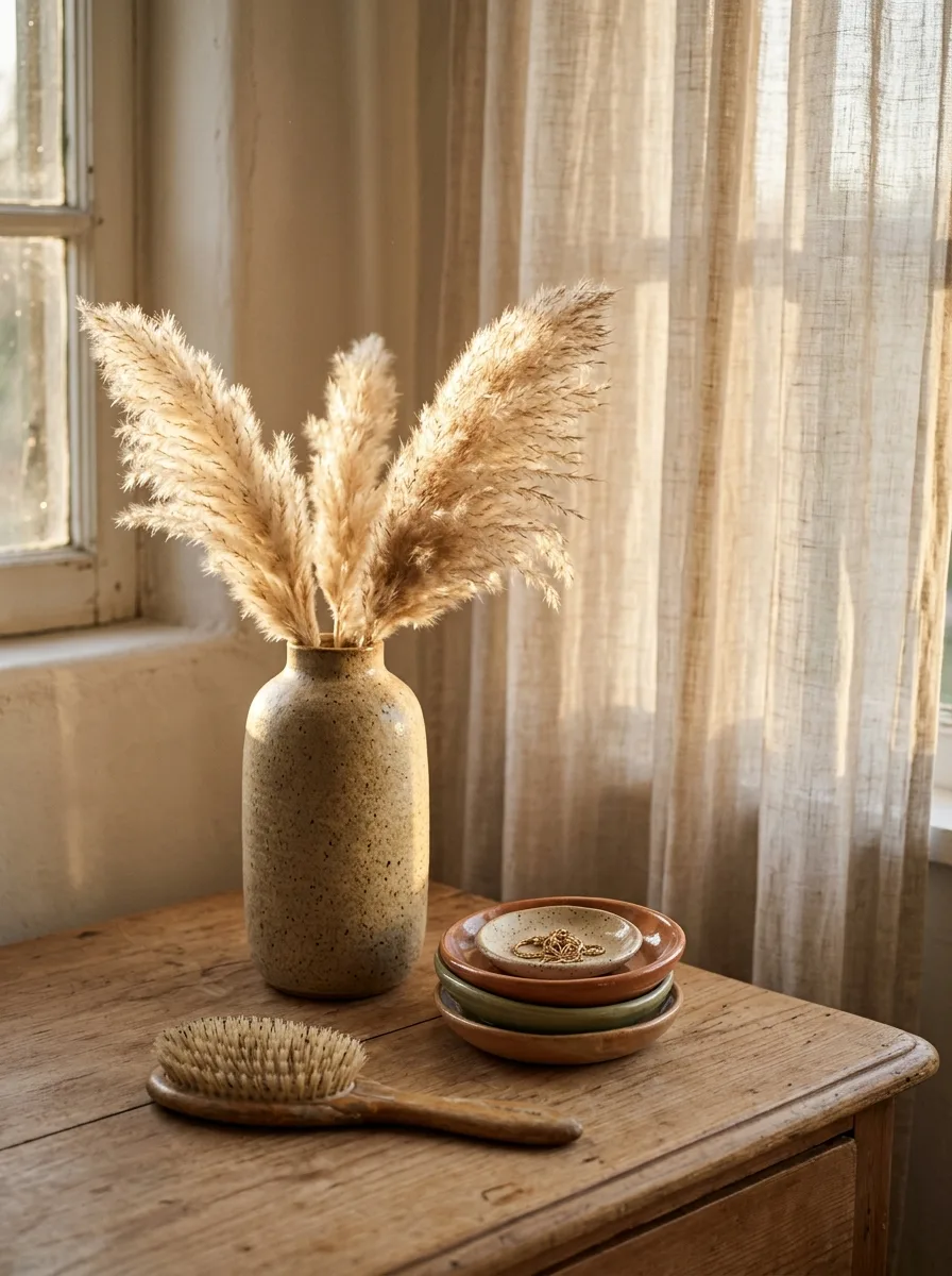 Dresser vignette with dried pampas grass in a stoneware vase and a stack of small ceramic trinket dishes in warm afternoon light.