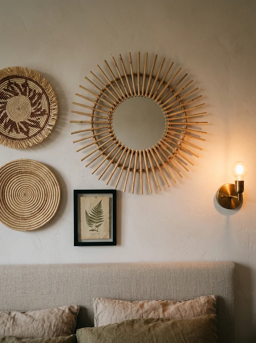 Round rattan sunburst mirror centered above a cluster of woven wall discs and a small framed botanical print, lit by a warm wall sconce.