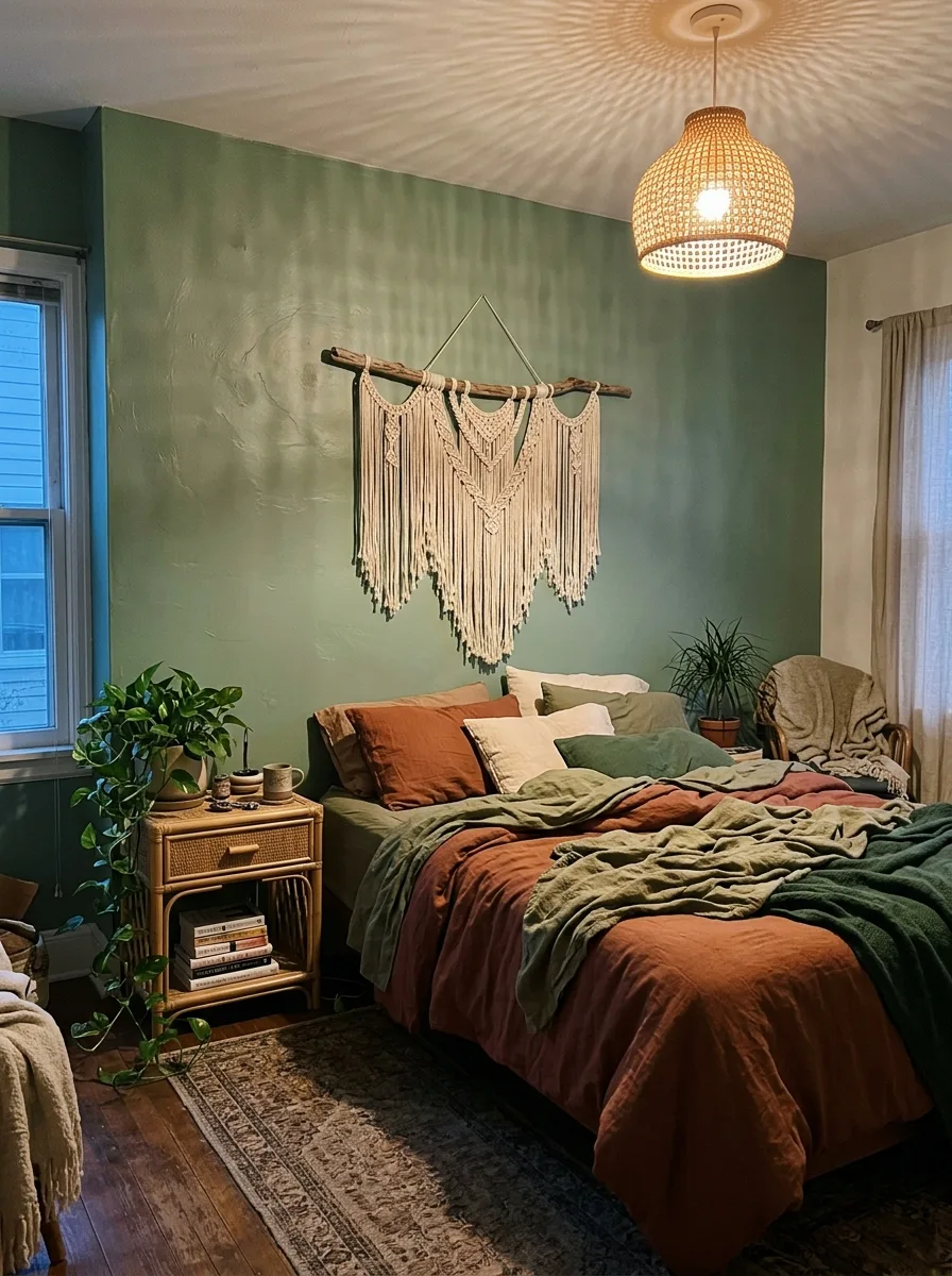 Boho bedroom with a sage green accent wall, a large macrame hanging above the bed, terracotta and olive bedding, and a trailing plant on the nightstand.