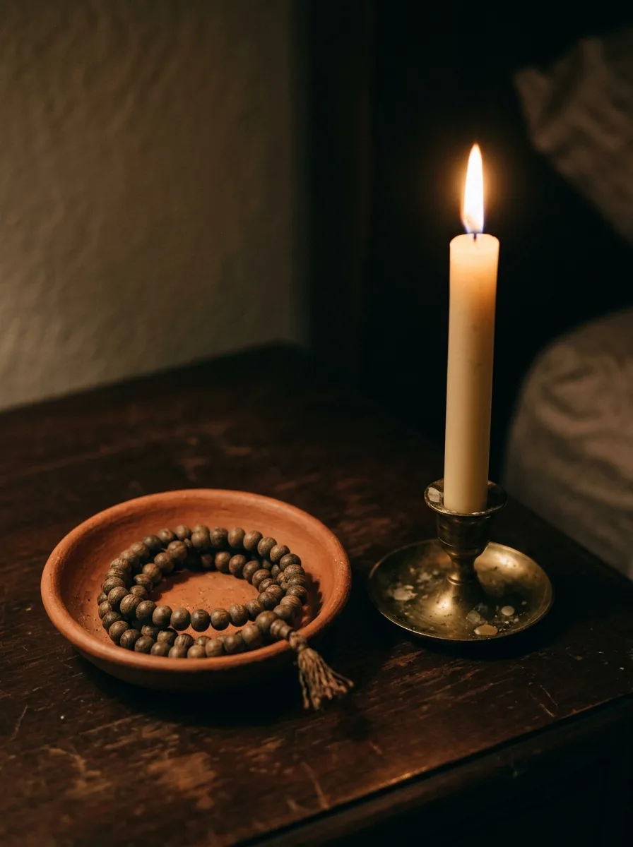 Close-up of a terracotta ceramic dish holding wooden prayer beads beside a lit taper candle on a nightstand.