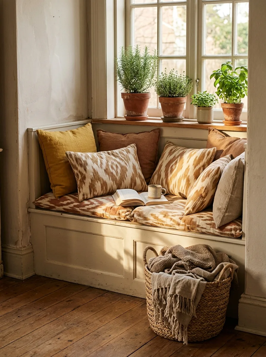 Window-seat bench layered with mustard and rust ikat floor cushions and a woven basket of folded throws, lit by late-afternoon side light.