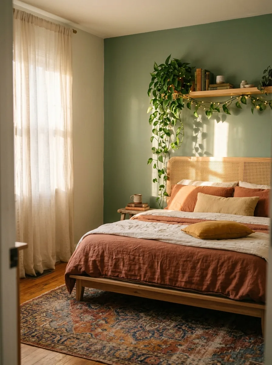 Boho bedroom at golden hour with a rattan cane headboard, layered rust and cream bedding, a trailing pothos wound with warm fairy lights above the bed, and a jewel-toned vintage medallion rug grounding the floor.