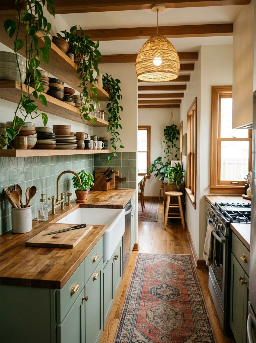 Wide view of a boho kitchen with open wood shelving, a sage tile backsplash, butcher-block counters, and a woven pendant light.