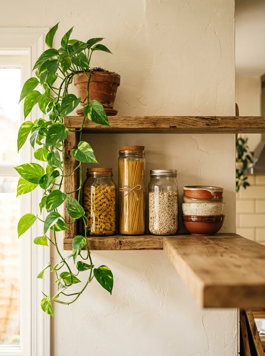 Close-up of an open wood kitchen shelf styled with trailing pothos, glass jars of grains, and a small stack of ceramic bowls.