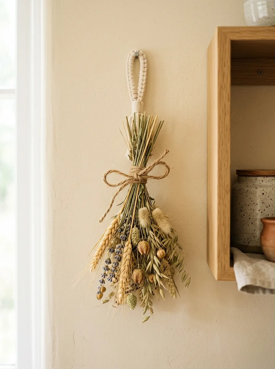 A dried floral bundle and small macrame hanger against a warm cream kitchen wall beside open shelving.