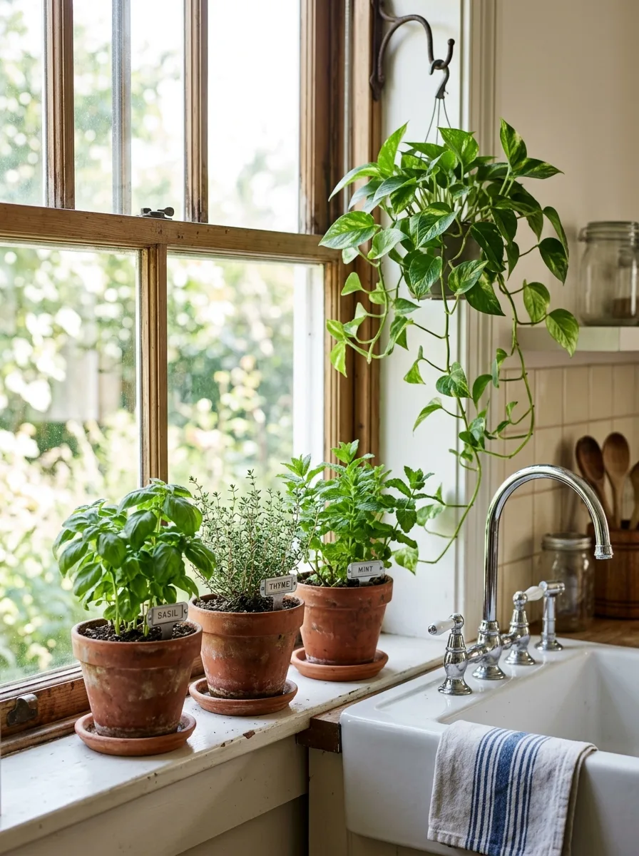 Windowsill herb garden with basil, thyme, and mint in matching terracotta pots beside a farmhouse sink.