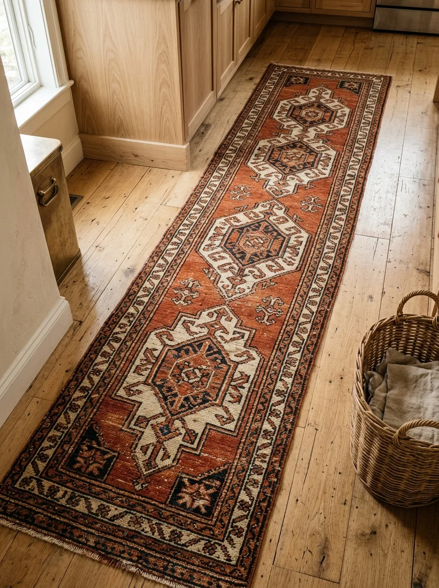 Close-up of a vintage-pattern woven runner rug on a light wood kitchen floor beside cabinetry.